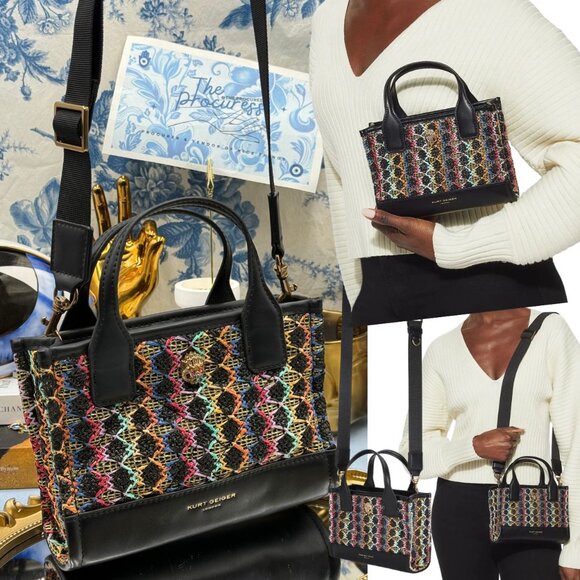 🆕 KURT GEIGER LONDON 🧿 NWOT XS Straw Woven Shopper Bag, Black & Rainbow Raffia - Picture 1 of 14